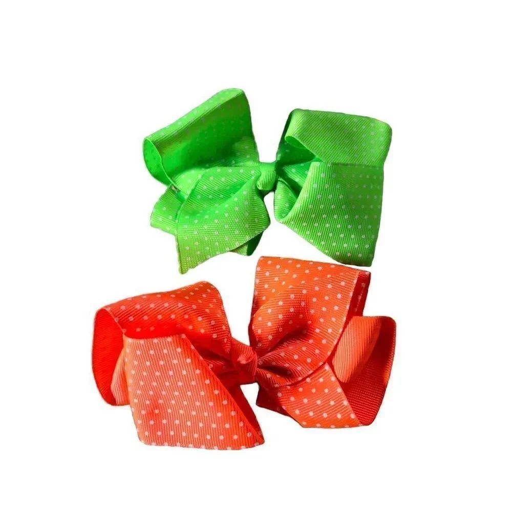 2 polka-dot bows, 5". Florescent orange and green